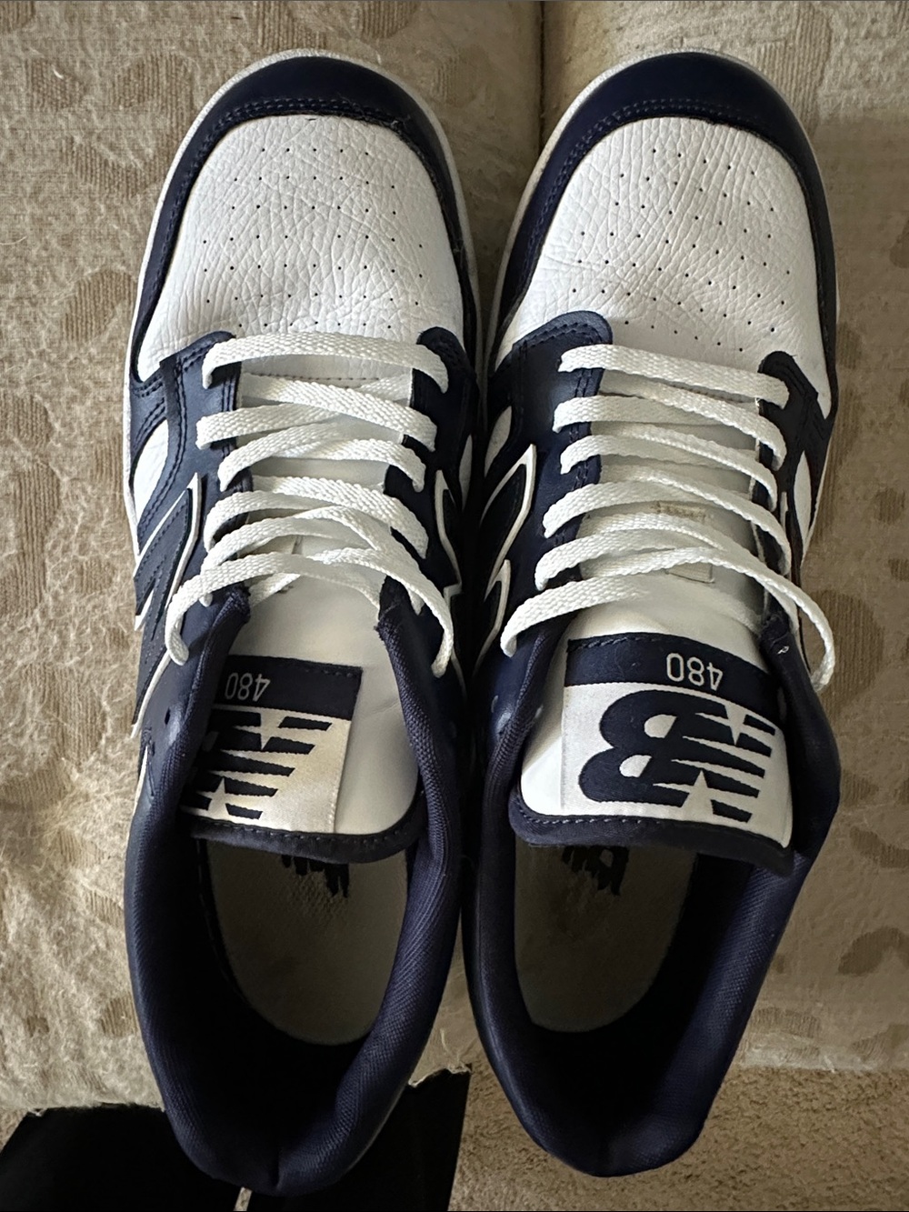 New Balance 480 White and Navy Athletic Sneakers